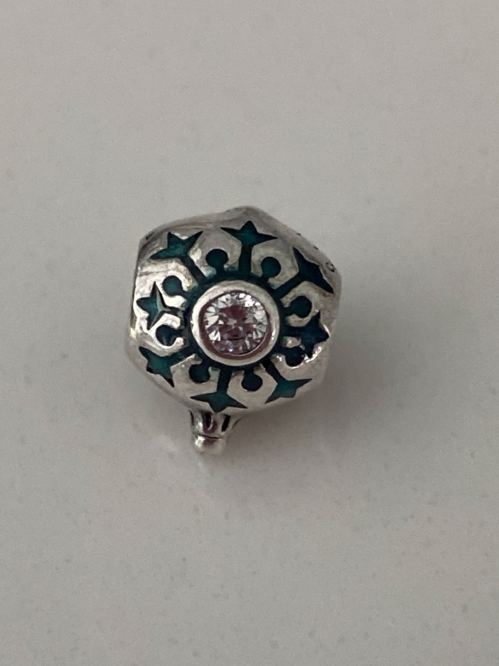 Sterling Silver Teal Enamel Charm with Clear Crystal Accent